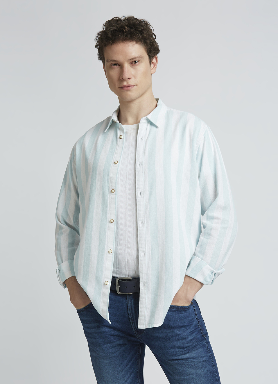 Blue Open Structure Stripes Full Sleeve Shirt, , large image number 0