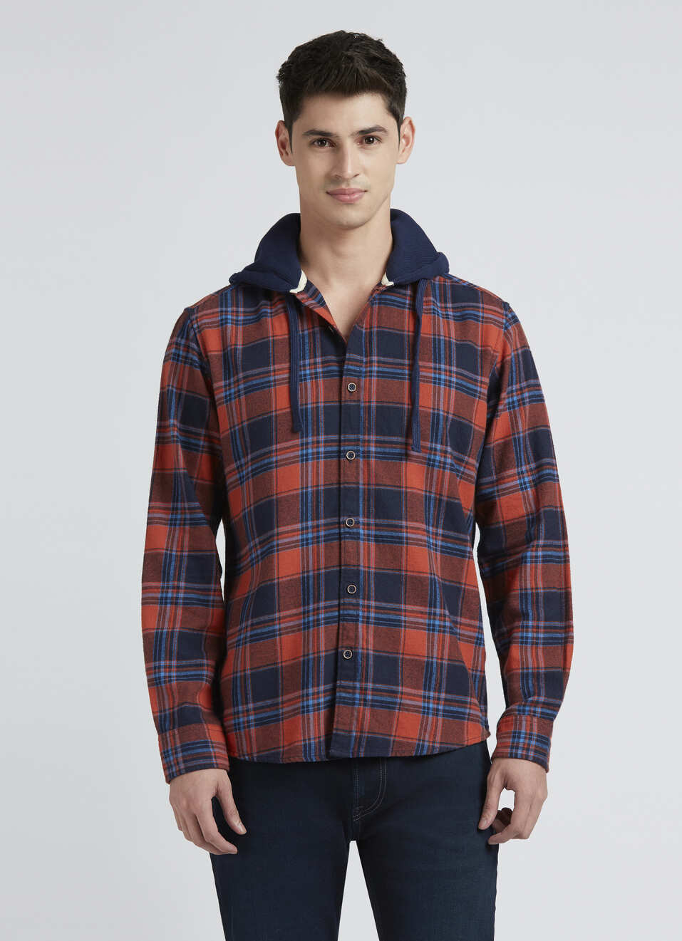 Navy Check Full Sleeve Hooded Shirt, , large image number 1