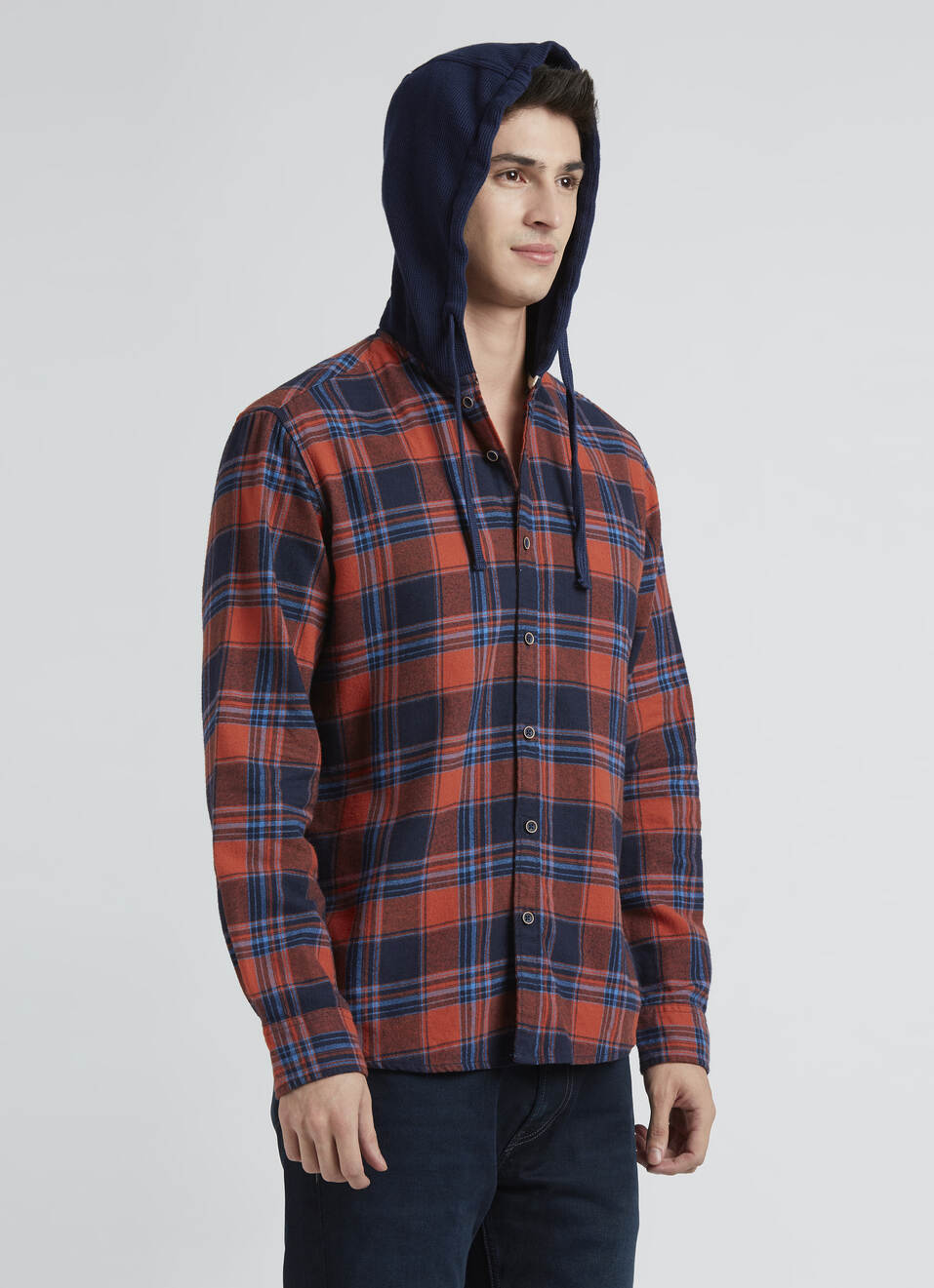 Navy Check Full Sleeve Hooded Shirt, , large image number 3