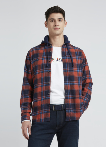 Navy Check Full Sleeve Hooded Shirt