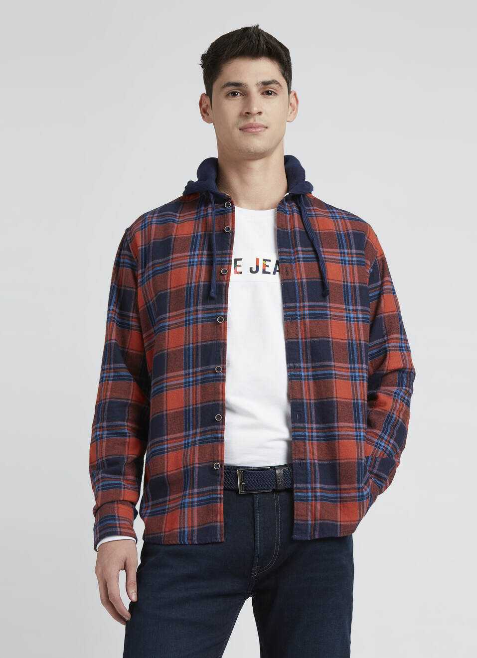 Navy Check Full Sleeve Hooded Shirt, , large image number 0