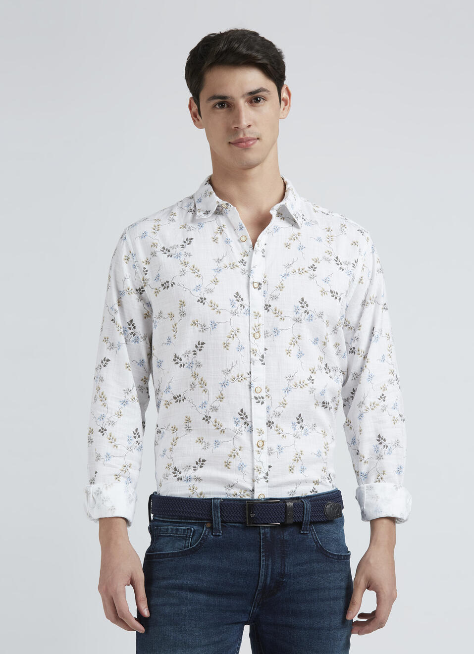 Grey Floral Full Sleeve Shirt, , large image number 0