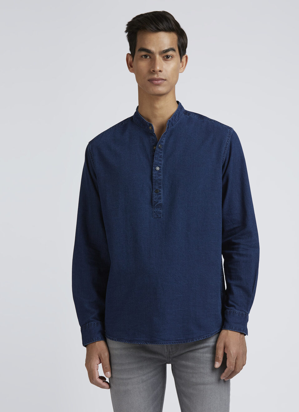 Blue Mandarin Collar Full Sleeves Shirt, , large image number 1