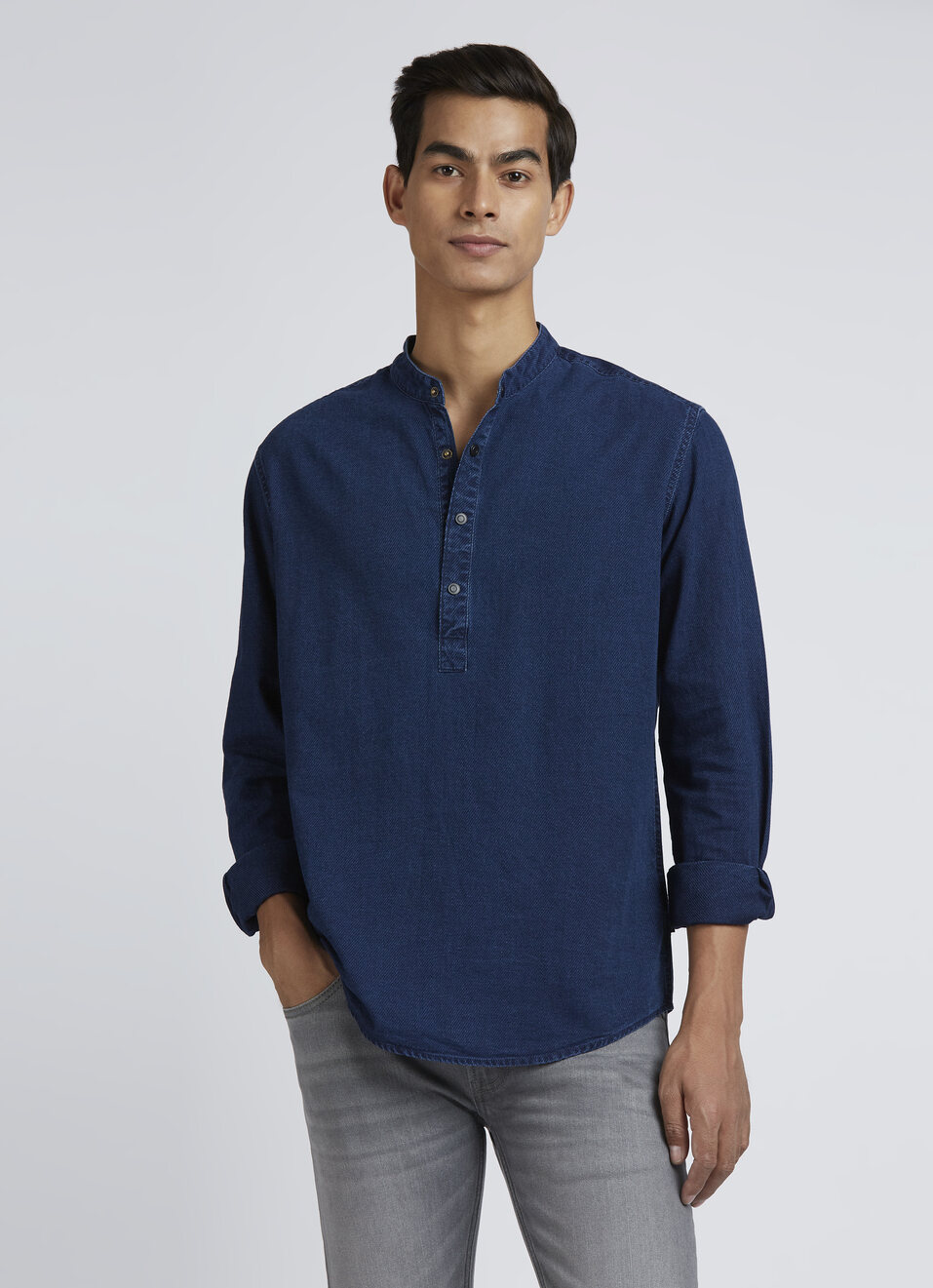 Blue Mandarin Collar Full Sleeves Shirt, , large image number 0