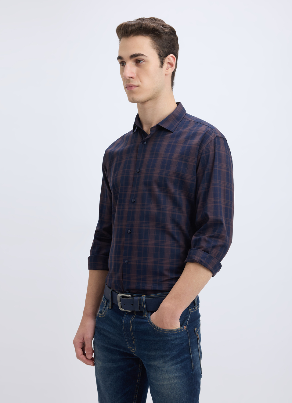 Men Peach Check Full Sleeve Shirt, , large image number 0