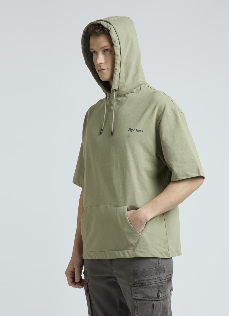 Green Short Sleeve Oversized Hooded Sweatshirt, , large image number 3