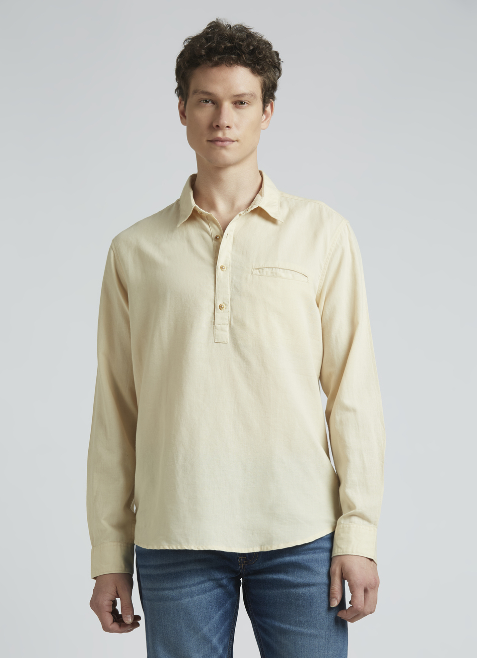 Beige Half Placket Full Sleeve Shirt, , large image number 1