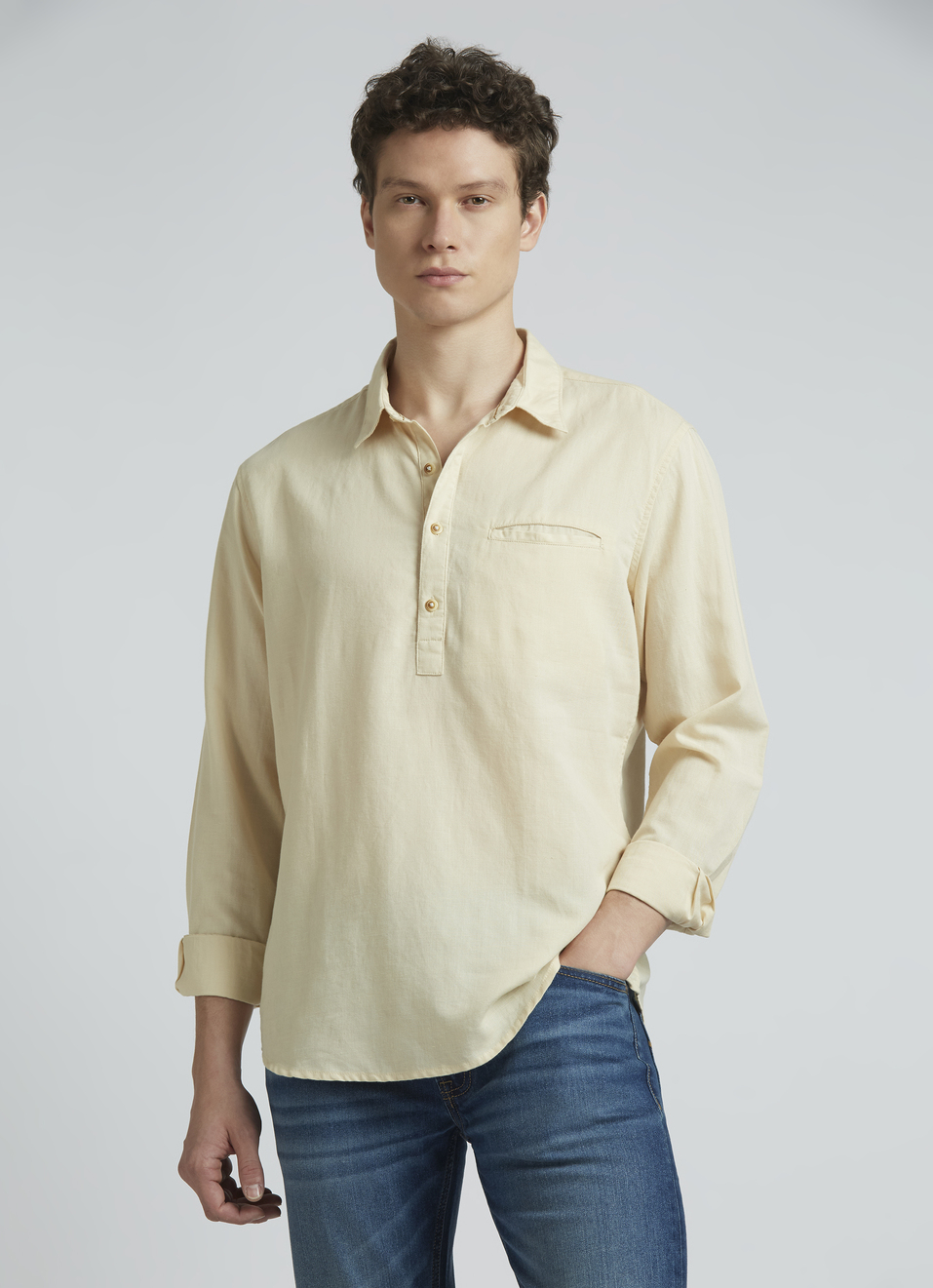 Beige Half Placket Full Sleeve Shirt, , large image number 0