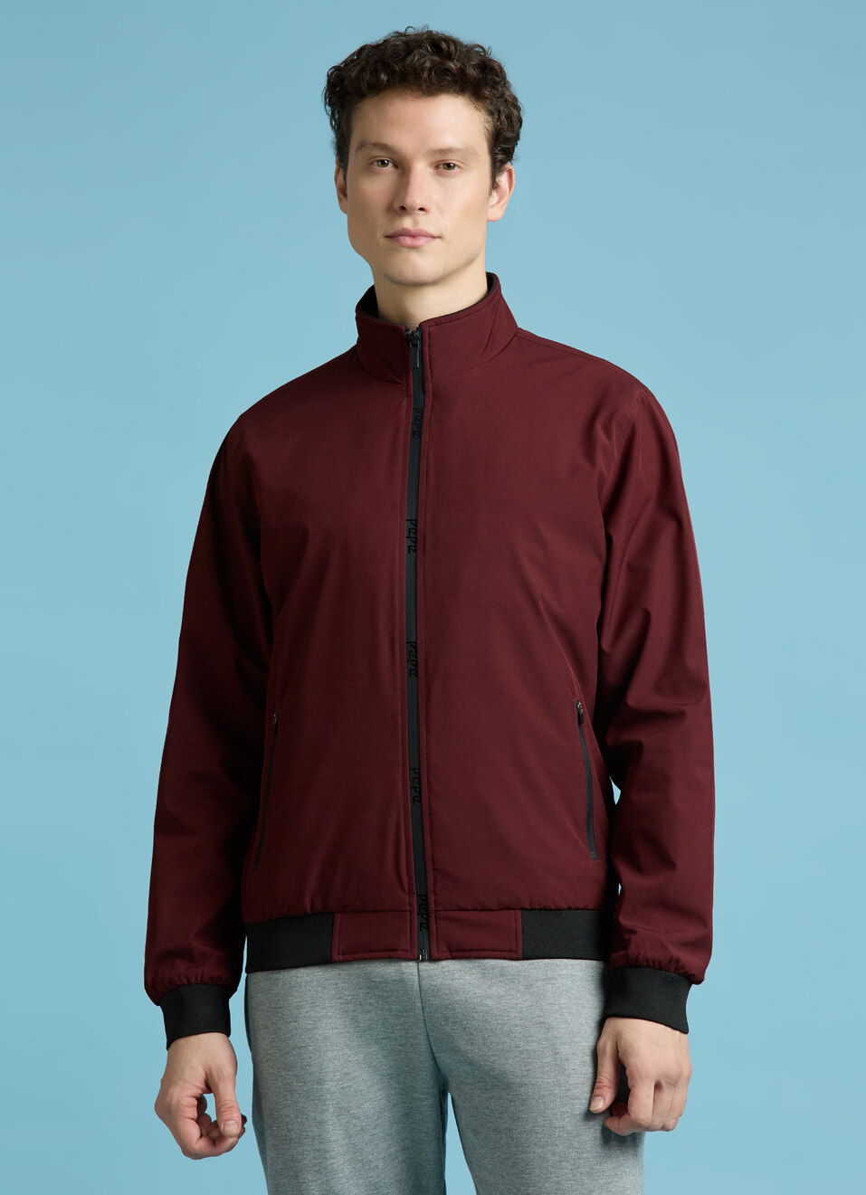 Burgundy High Neck Full Sleeve Lightweight Jacket, , large image number 1