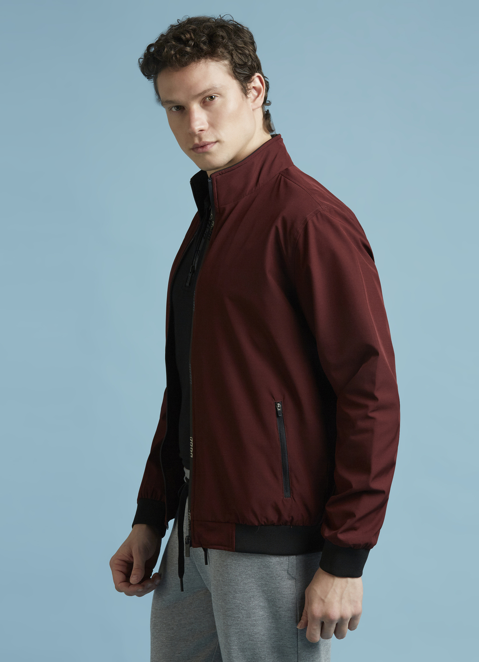 Burgundy High Neck Full Sleeve Lightweight Jacket, , large image number 0