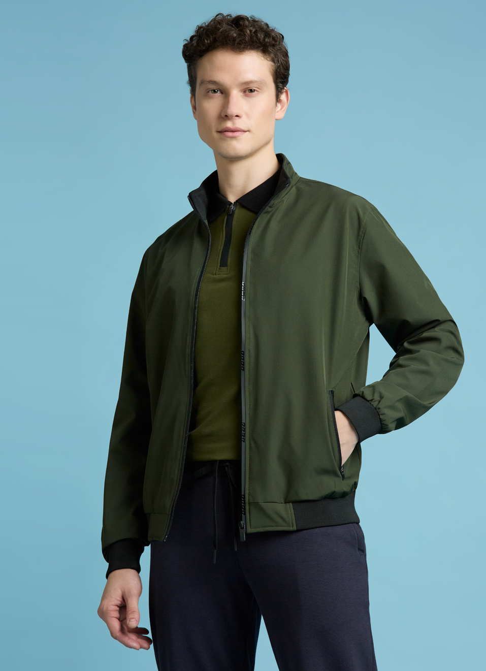 Olive High Neck Full Sleeve Lightweight Jacket, , large image number 0