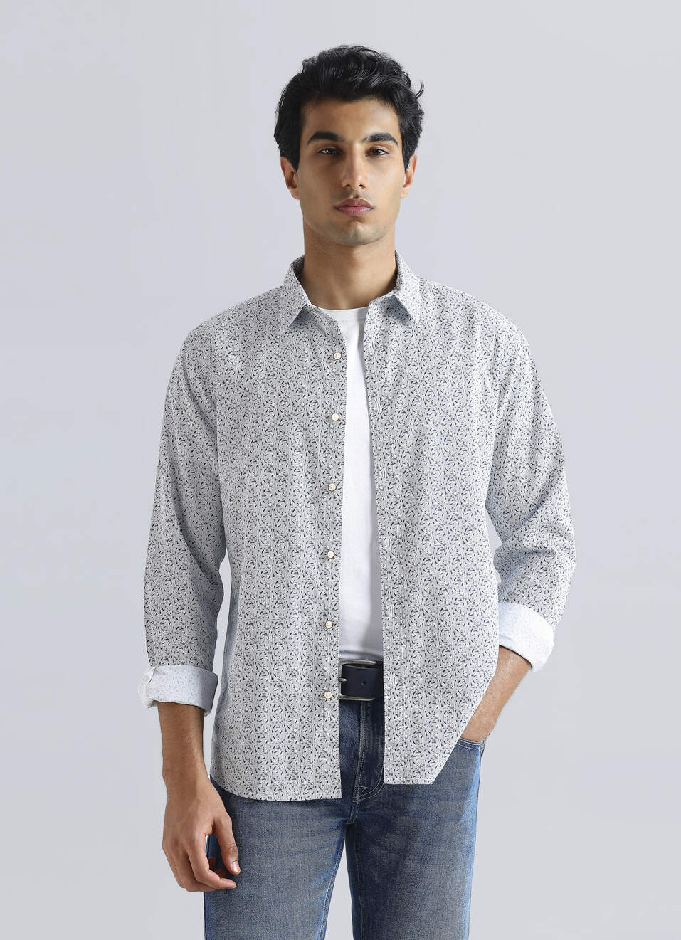 White Abstract Print Full Sleeve Shirt, , large image number 0