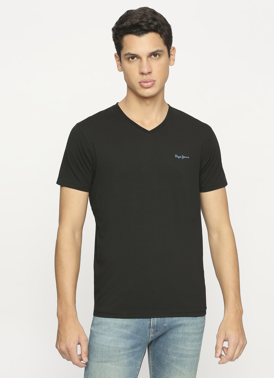 Men Black V Neck Short Sleeve T-shirt, , large image number 1