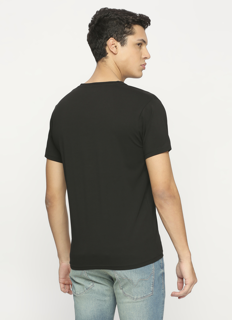 Men Black V Neck Short Sleeve T-shirt, , large image number 2