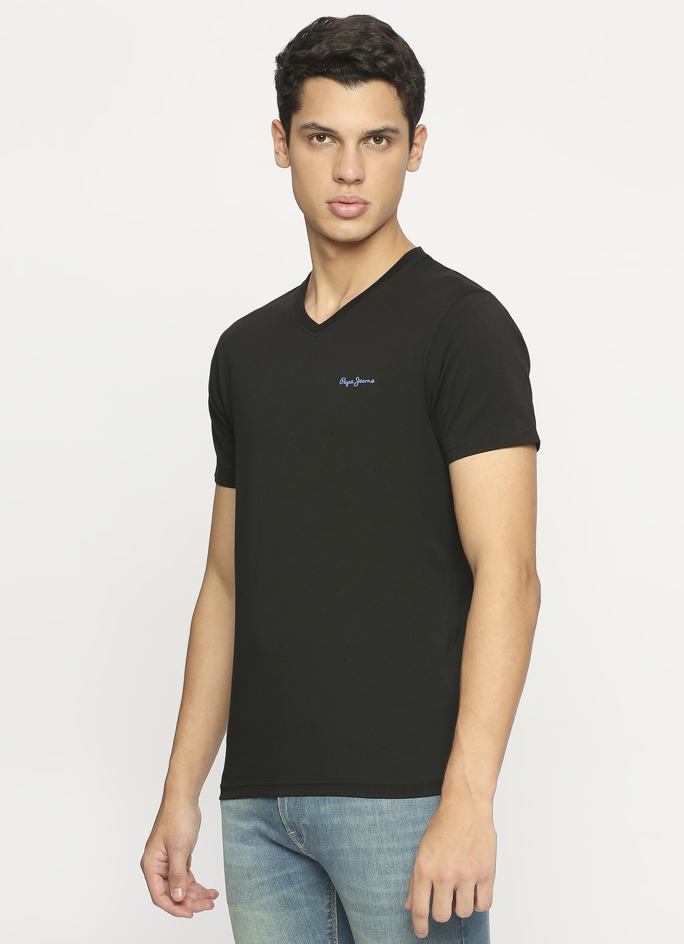 Men Black V Neck Short Sleeve T-shirt, , large image number 3
