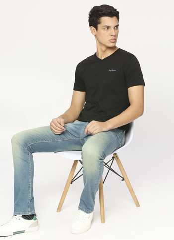 Men Black V Neck Short Sleeve T-shirt