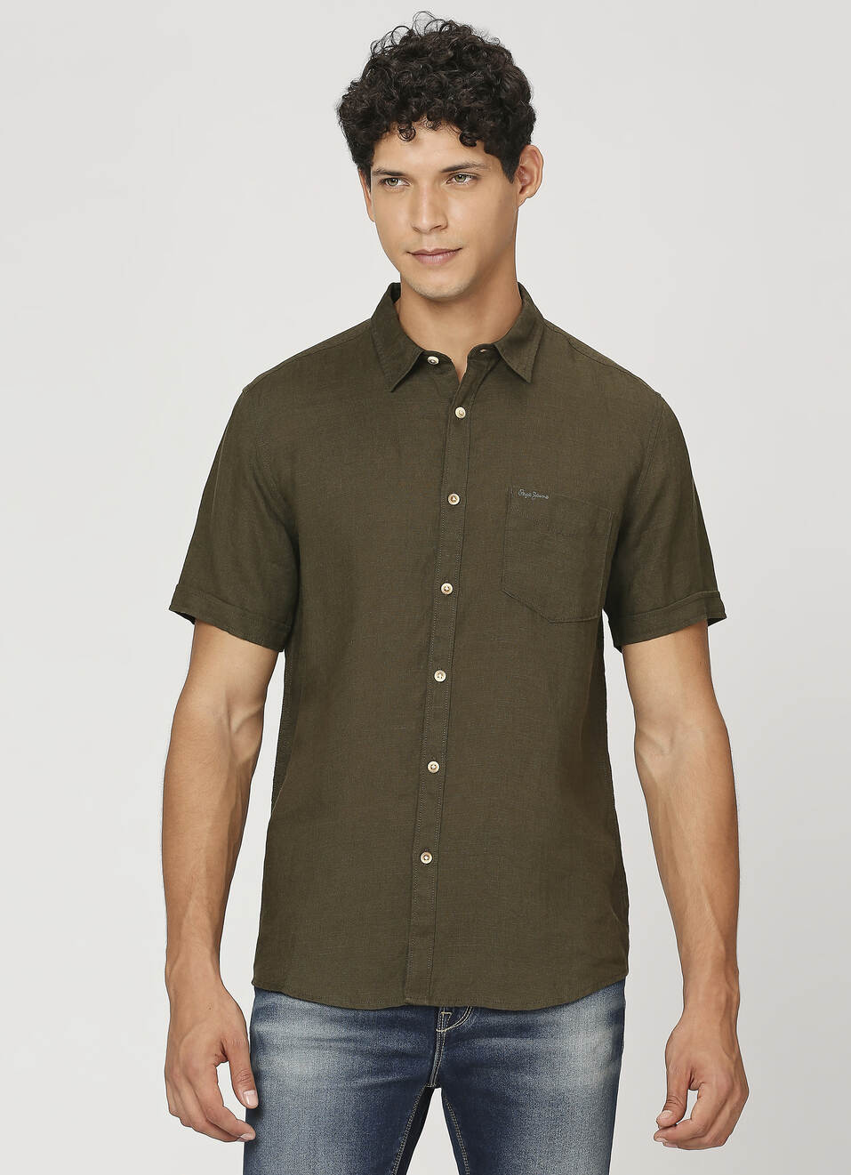 Men Dark Green Pure Linen Short Sleeve Pure Shirt, , large image number 1