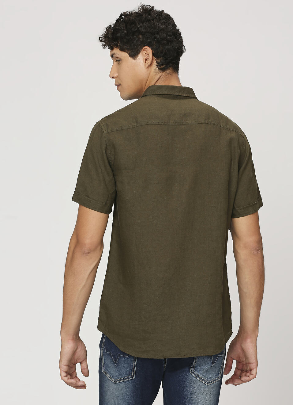 Men Dark Green Pure Linen Short Sleeve Pure Shirt, , large image number 2
