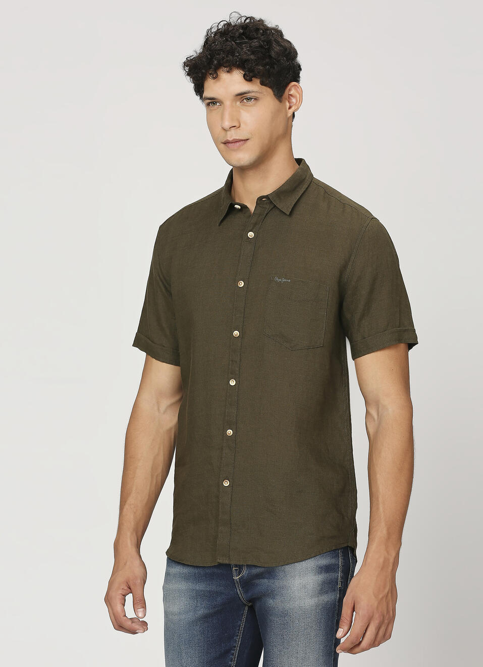 Men Dark Green Pure Linen Short Sleeve Pure Shirt, , large image number 3