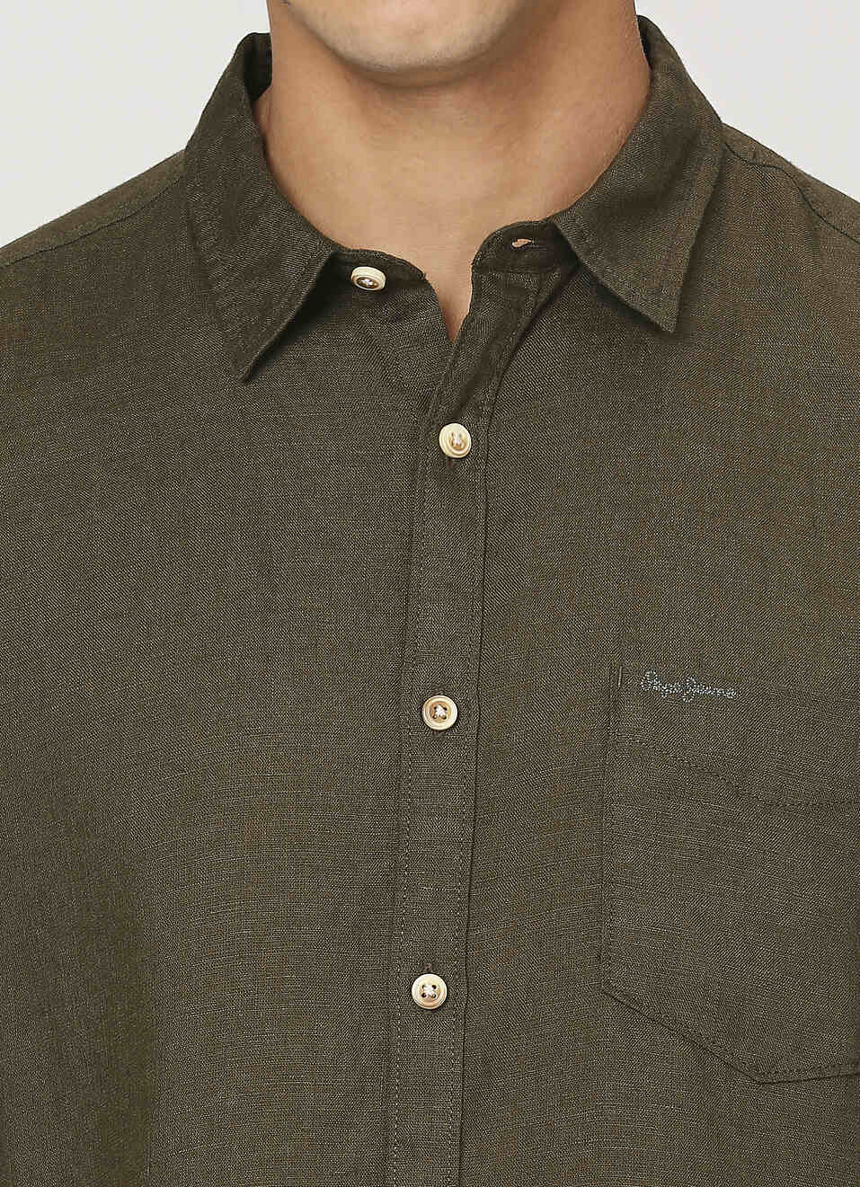 Men Dark Green Pure Linen Short Sleeve Pure Shirt, , large image number 4