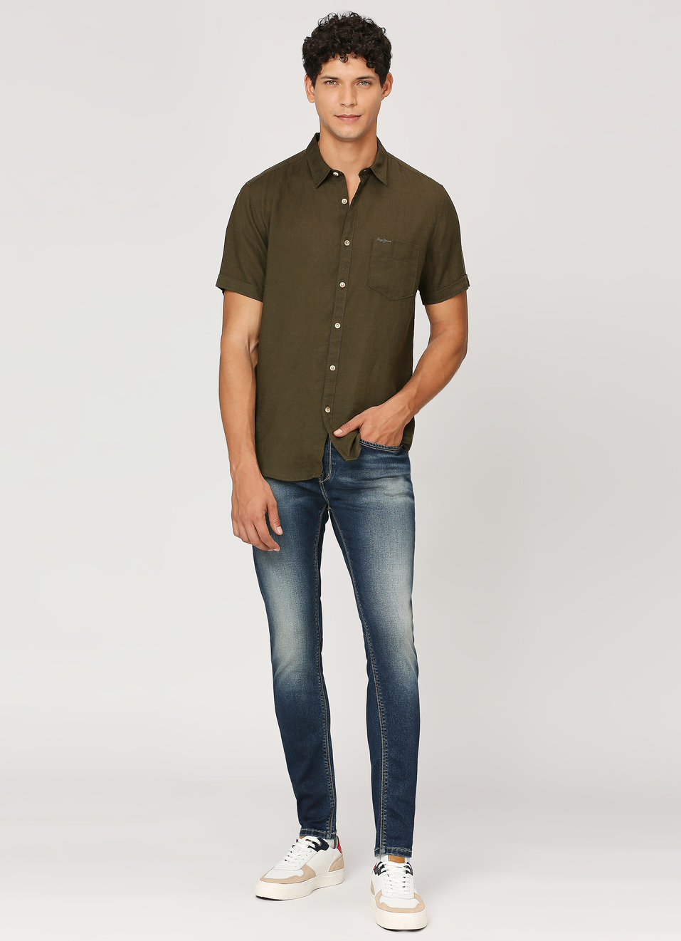 Men Dark Green Pure Linen Short Sleeve Pure Shirt, , large image number 5