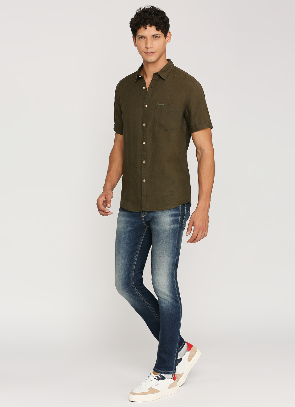 Men Dark Green Pure Linen Short Sleeve Pure Shirt, , large image number 6