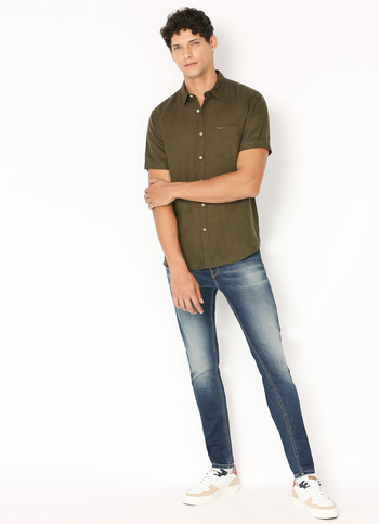 Men Dark Green Pure Linen Short Sleeve Pure Shirt