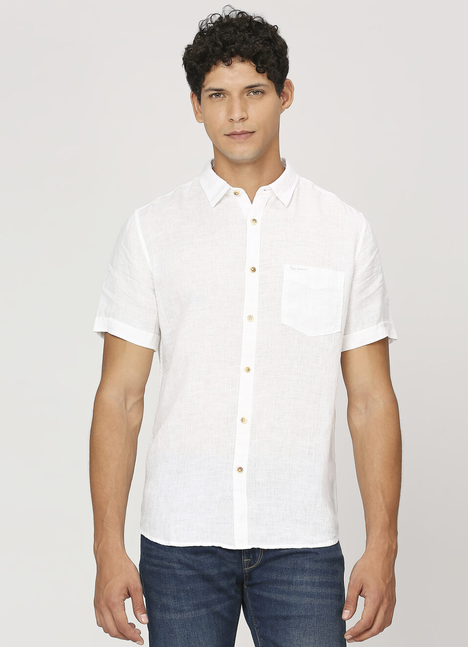 Men White Pure Linen Short Sleeve Shirt, , large image number 1
