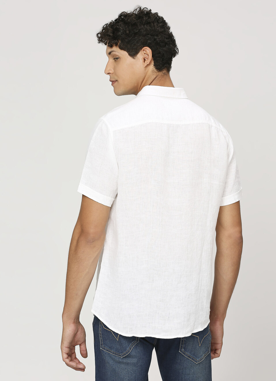 Men White Pure Linen Short Sleeve Shirt, , large image number 2