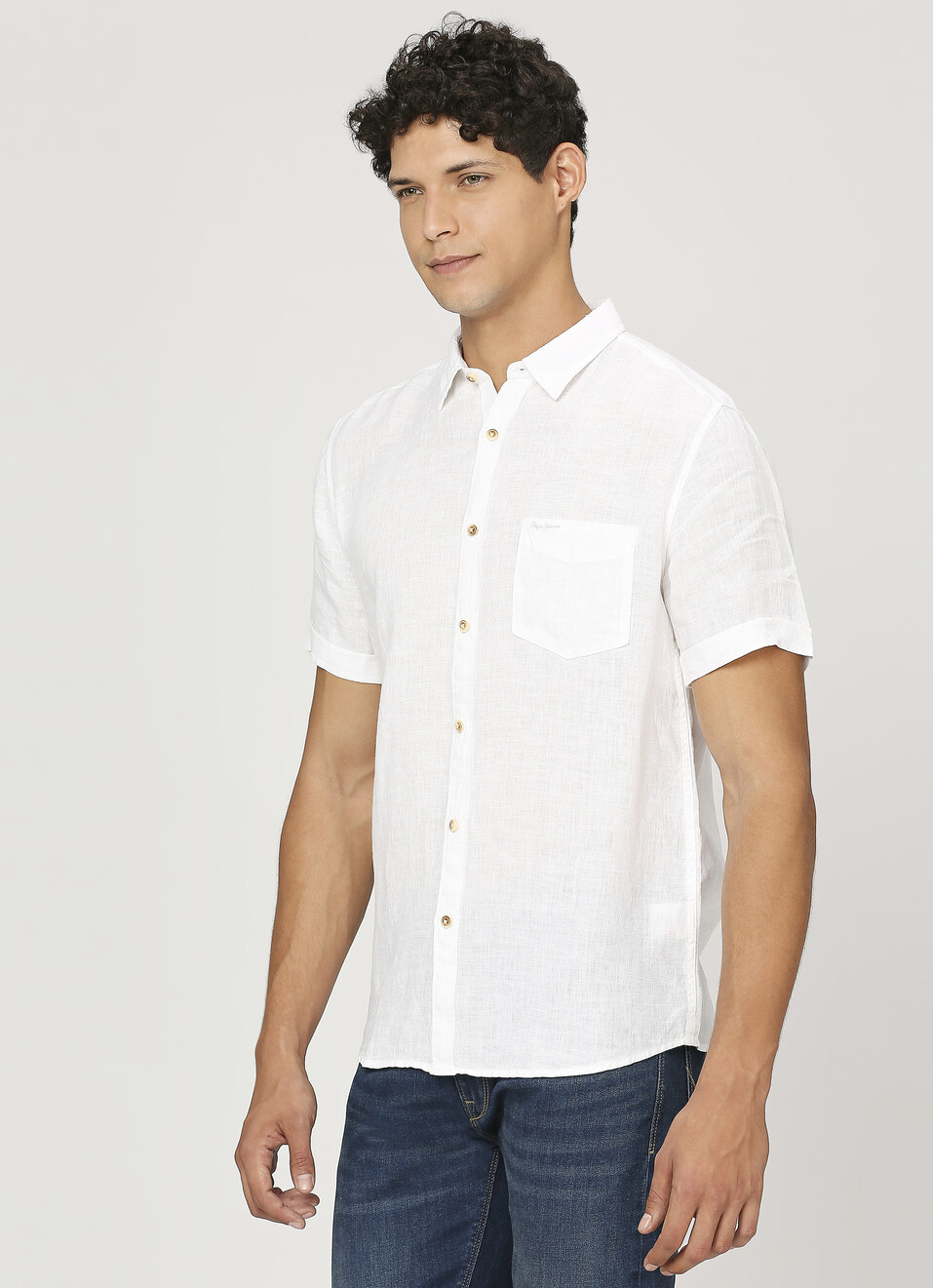 Men White Pure Linen Short Sleeve Shirt, , large image number 3