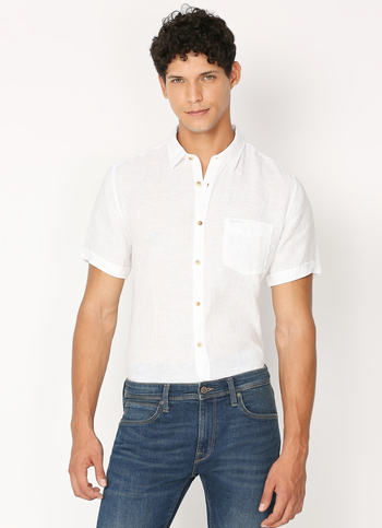 Men White Pure Linen Short Sleeve Shirt