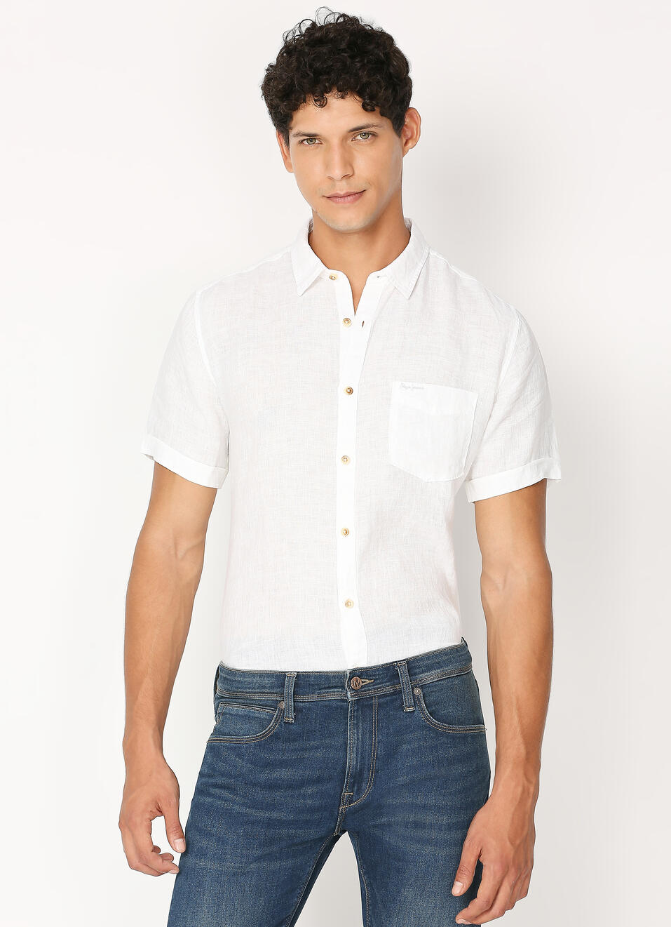 Men White Pure Linen Short Sleeve Shirt, , large image number 0