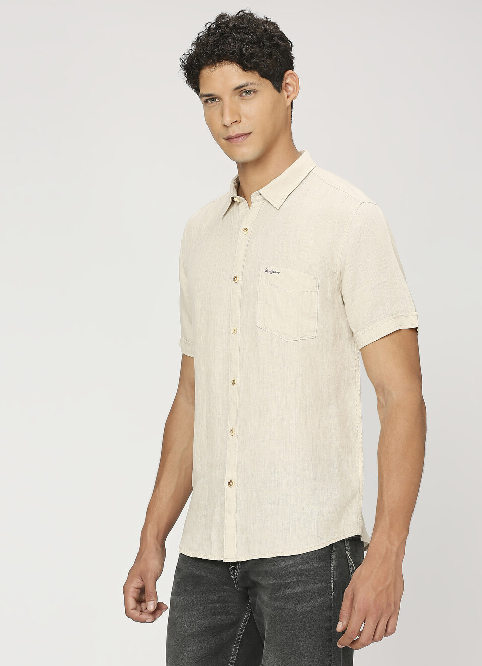 Men Beige Pure Linen Short Sleeve Shirt, , large image number 3