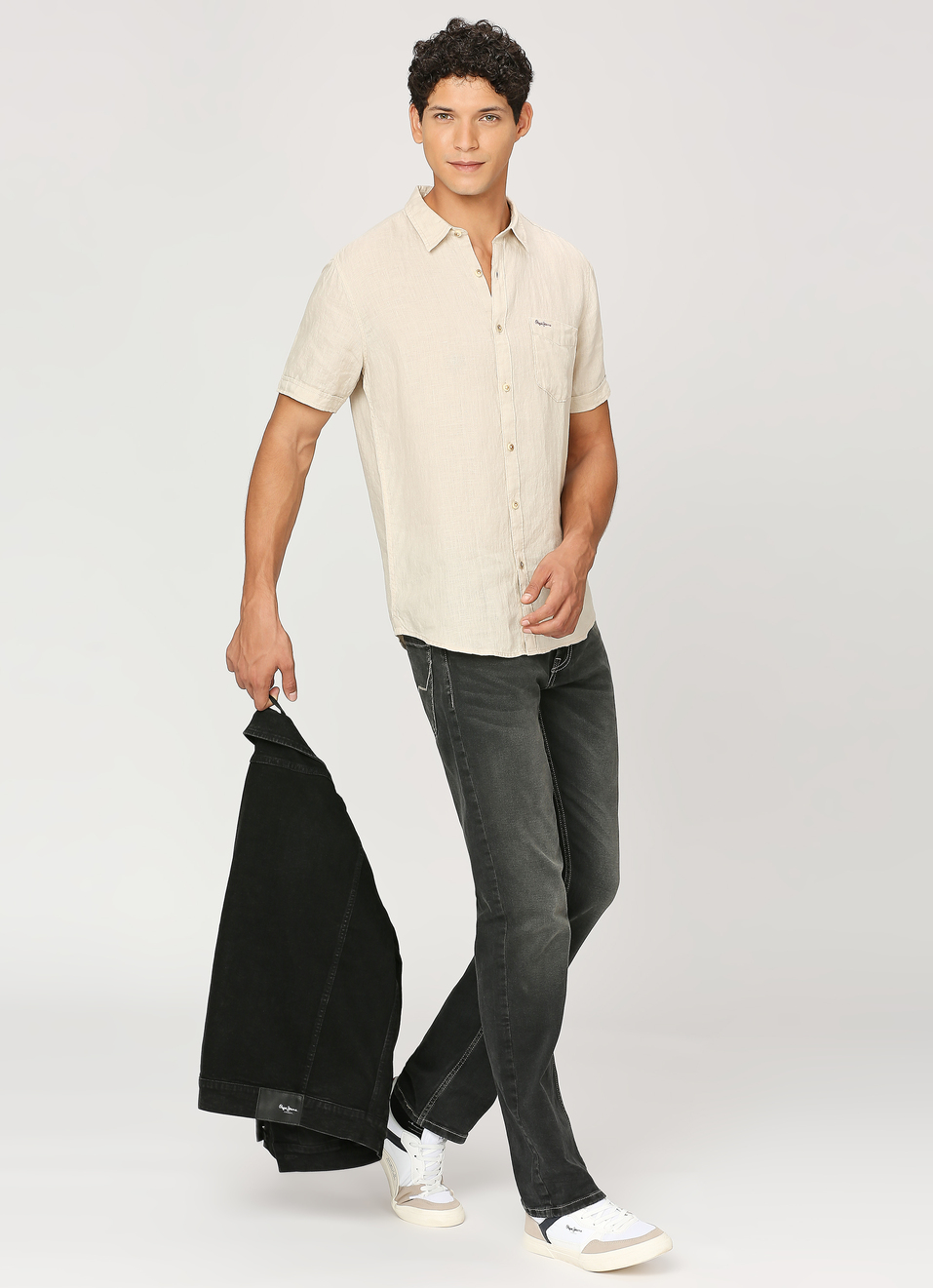 Men Beige Pure Linen Short Sleeve Shirt, , large image number 0