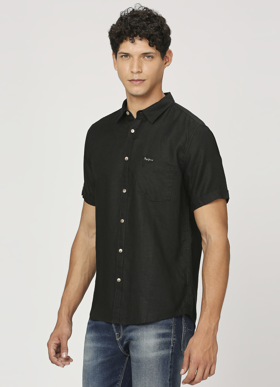 Men Black Pure Linen Short Sleeve Shirt, , large image number 3