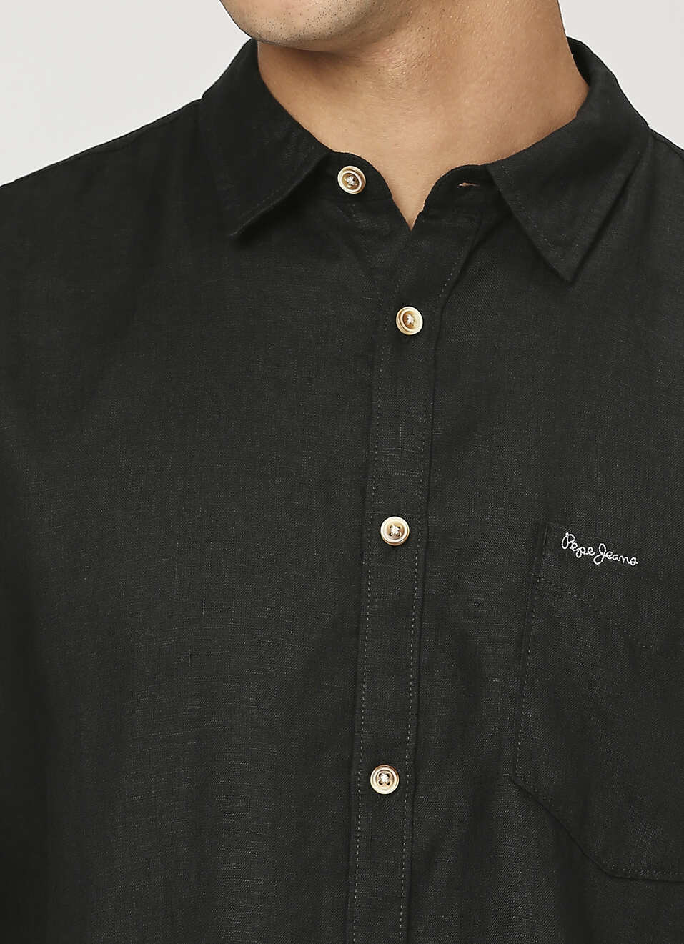 Men Black Pure Linen Short Sleeve Shirt, , large image number 4