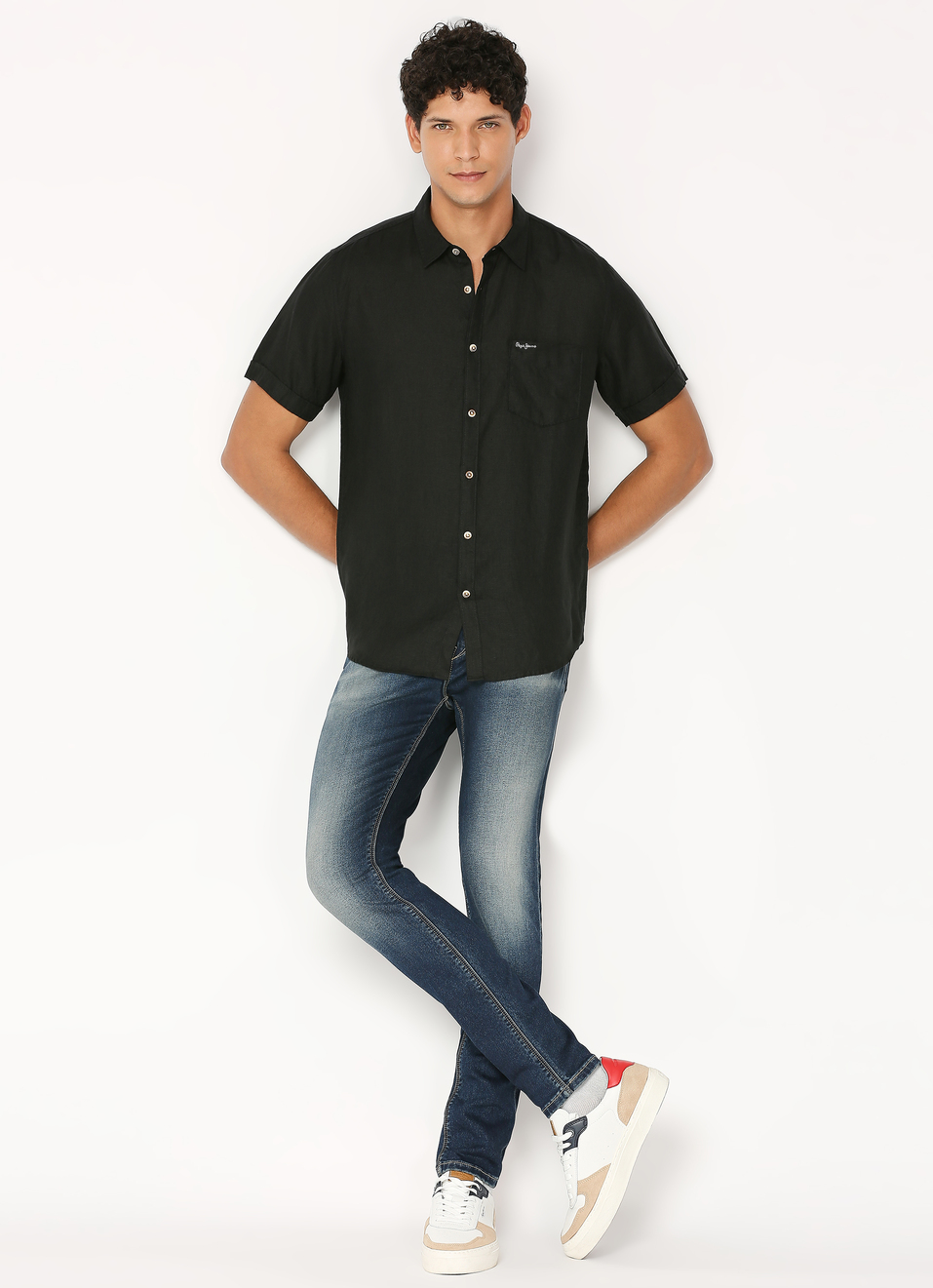 Men Black Pure Linen Short Sleeve Shirt, , large image number 5