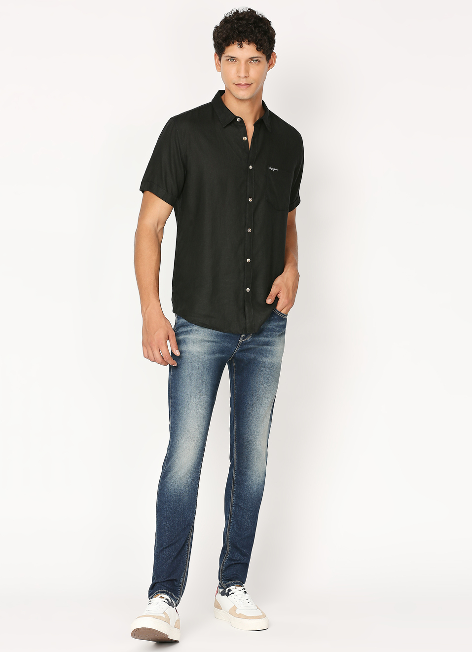 Men Black Pure Linen Short Sleeve Shirt, , large image number 6