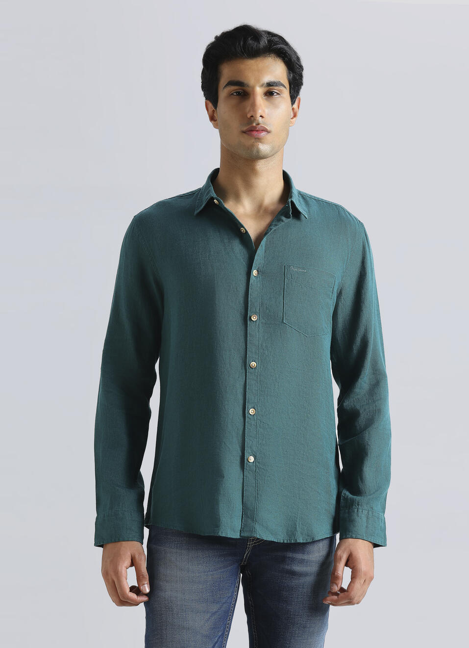 Men Dark Green Pure Linen Full Sleeve Shirt, , large image number 1
