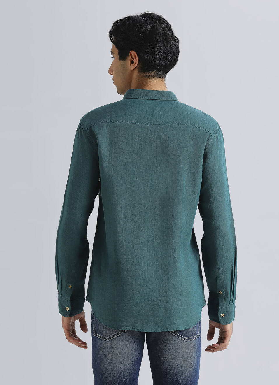 Men Dark Green Pure Linen Full Sleeve Shirt, , large image number 2