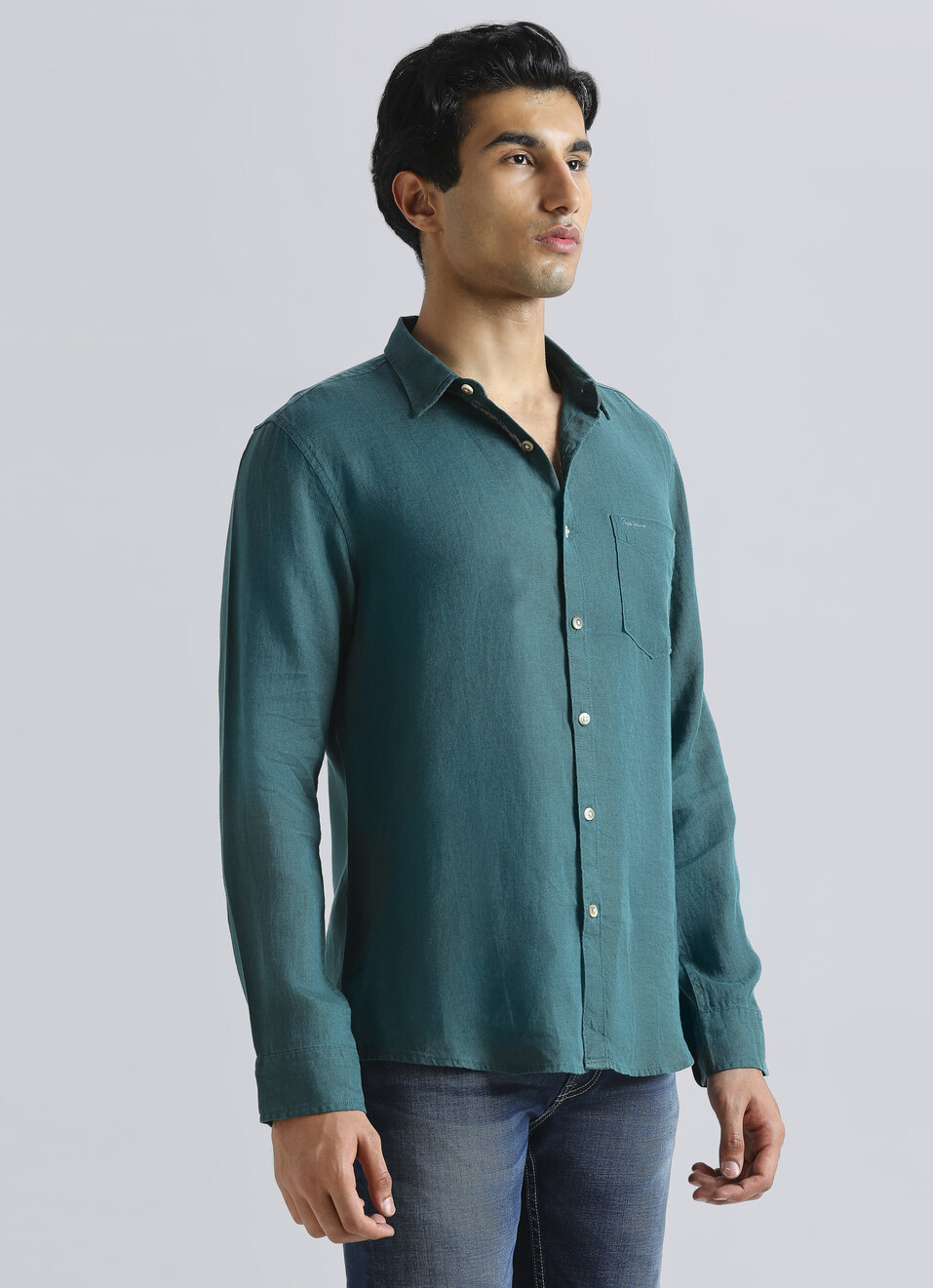 Men Dark Green Pure Linen Full Sleeve Shirt, , large image number 3