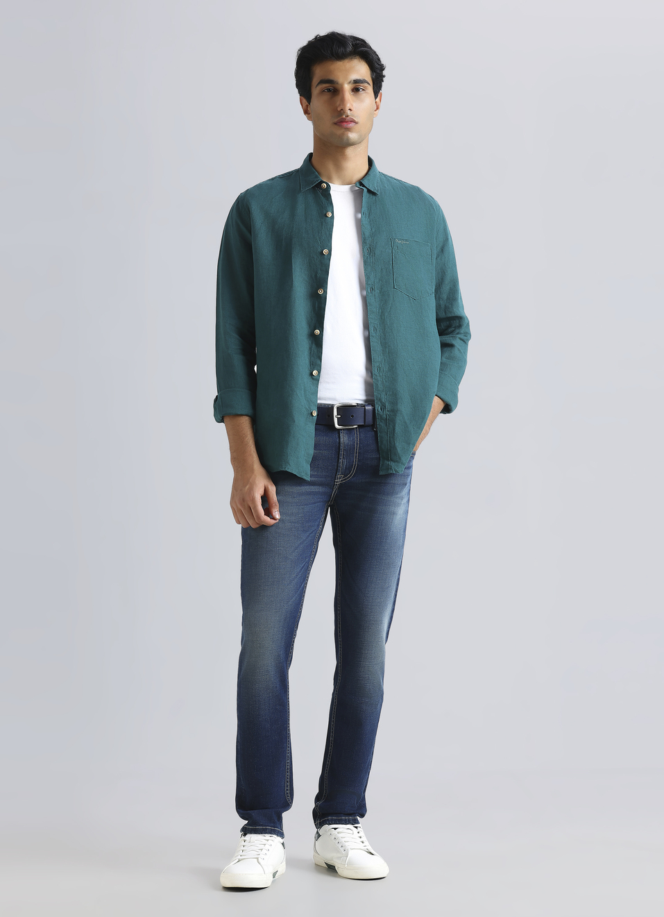 Men Dark Green Pure Linen Full Sleeve Shirt, , large image number 5