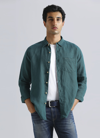 Men Dark Green Pure Linen Full Sleeve Shirt