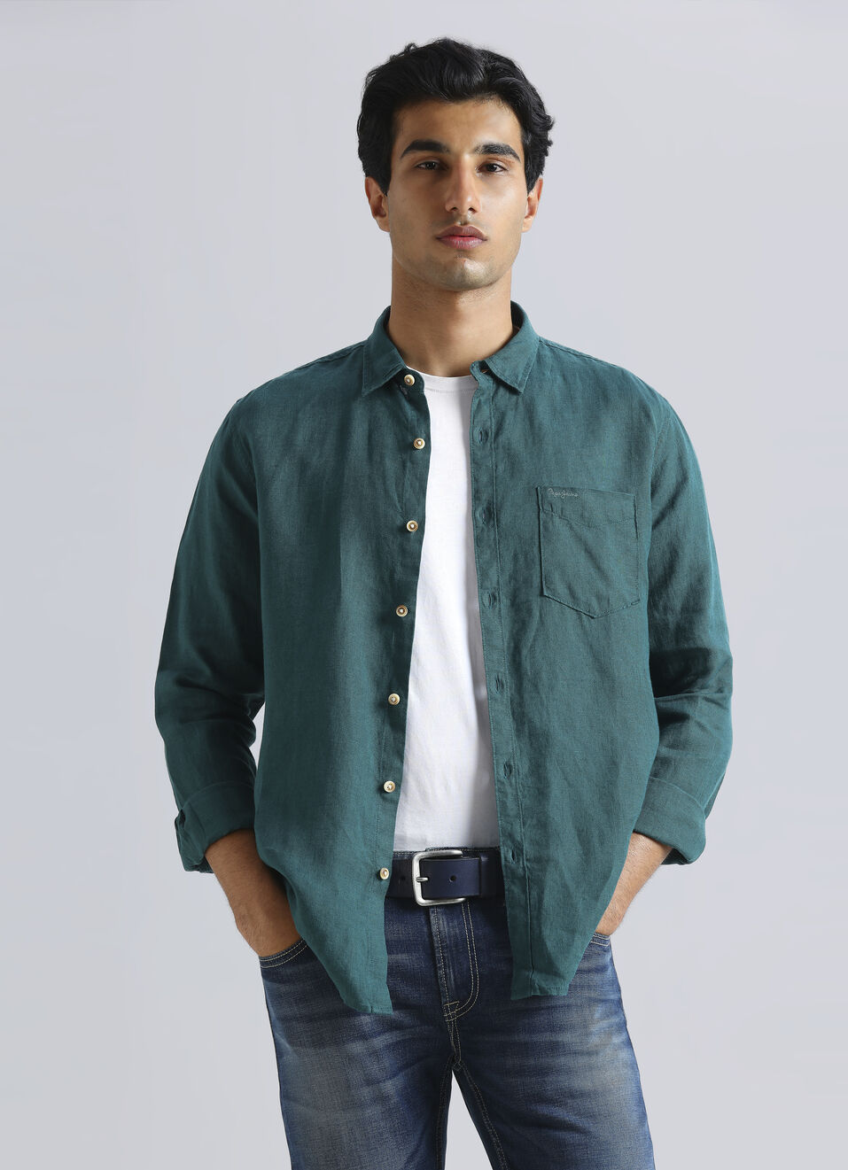 Men Dark Green Pure Linen Full Sleeve Shirt, , large image number 0