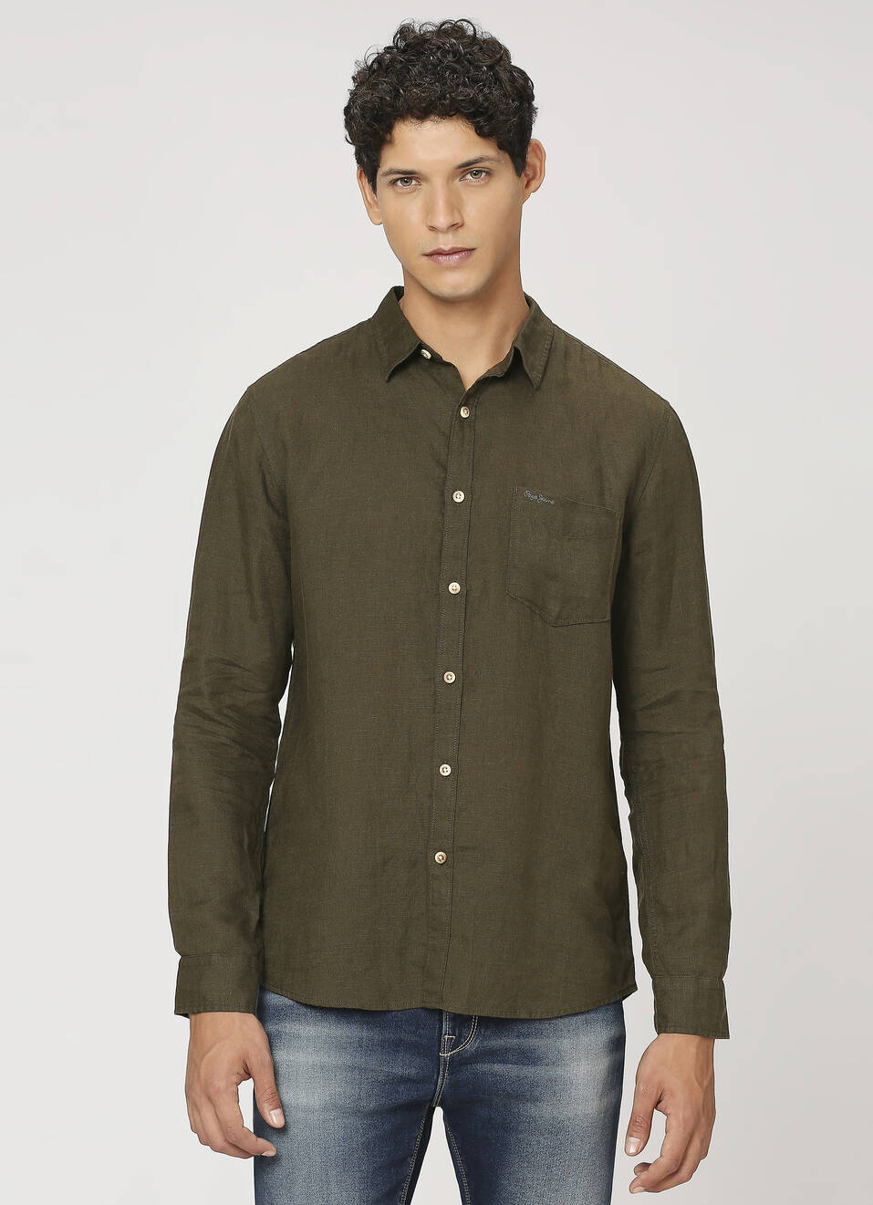 Men Green Pure Linen Full Sleeve Shirt, , large image number 1