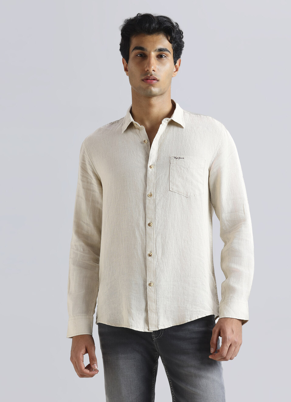 Men Beige Pure Linen Full Sleeve Shirt, , large image number 1