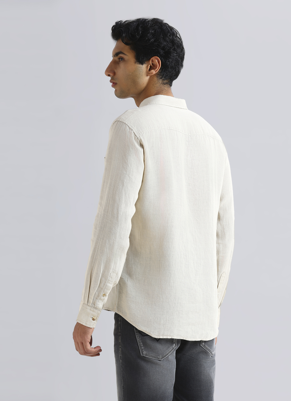 Men Beige Pure Linen Full Sleeve Shirt, , large image number 2