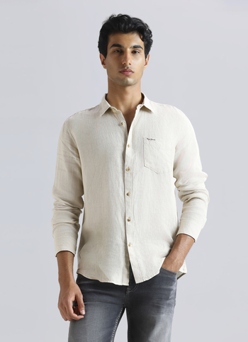 Men Beige Pure Linen Full Sleeve Shirt