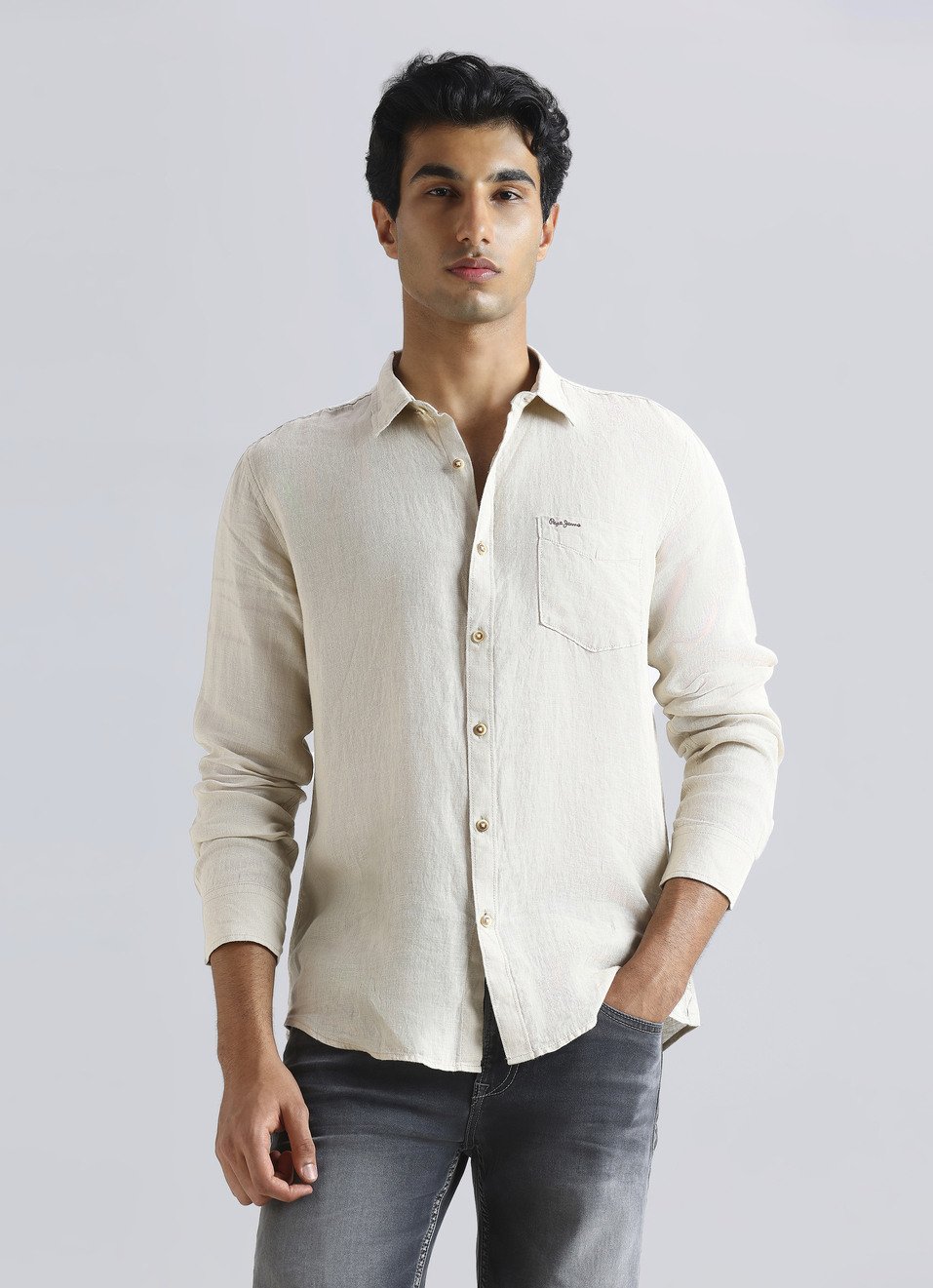 Men Beige Pure Linen Full Sleeve Shirt, , large image number 0