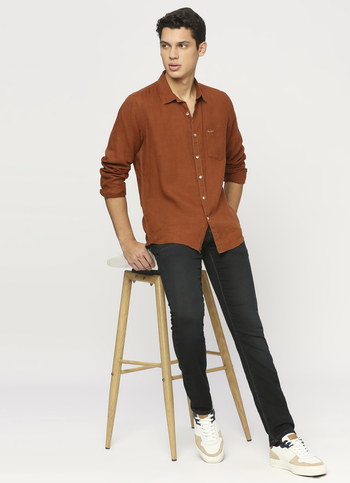Men Brown Pure Linen Full Sleeve Shirt